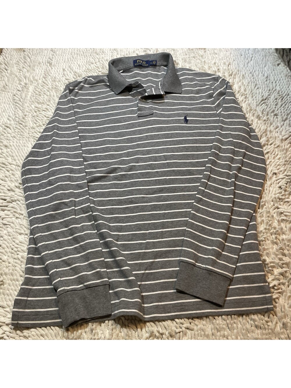 Polo Ralph Lauren Men L Long Sleeve Polo Shirt Gray White Stripe 100% Cotton
